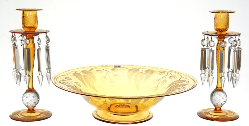 THREE PIECE SOLID AMBER ART GLASS CONSOLE SET (1 of 3)