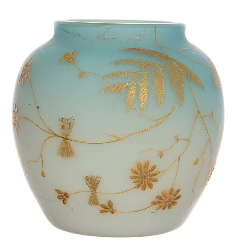 3 1/2" BLUE AND WHITE SATIN ART GLASS VASE ATTRIBUTED: 3 1/2" BLUE AND WHITE SATIN ART GLASS VASE ATTRIBUTED TO WEBB GOLD ENAMEL BUTTERFLY AND FLORAL DECOR