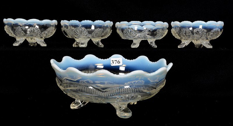 FIVE PIECE WHITE OPALESCENT ART GLASS BERRY SET BY (1 of 2)