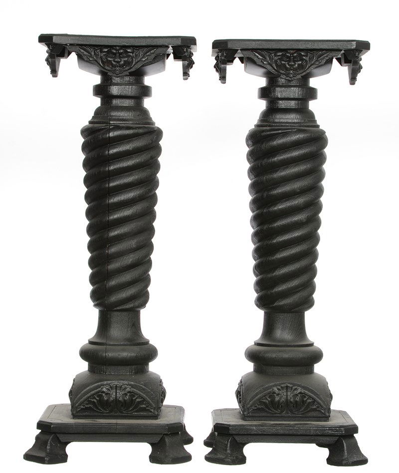 PAIR 38" X 14" EBONY SPIRAL WOODEN PEDESTALS: PAIR 38" X 14" EBONY SPIRAL WOODEN PEDESTALS LION HEAD EMBOSSED HIGHLIGHTS - BELIEVED TO HAVE BEEN USED SPECIFICALLY FOR JOHN ROGERS GROUPS