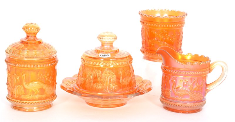 NORTHWOOD PEACOCK AT THE FOUNTAIN MARIGOLD FOUR PIECE: NORTHWOOD PEACOCK AT THE FOUNTAIN MARIGOLD FOUR PIECE TABLE SET BUTTERDISH, CREAMER, SUGAR AND SPOONER
