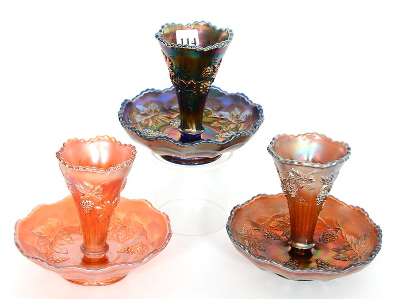 (3) FENTON VINTAGE SMALL TWO-PIECE EPERGNES: (3) FENTON VINTAGE SMALL TWO-PIECE EPERGNES (1) BLUE - (1) AMETHYST - (1) MARIGOLD