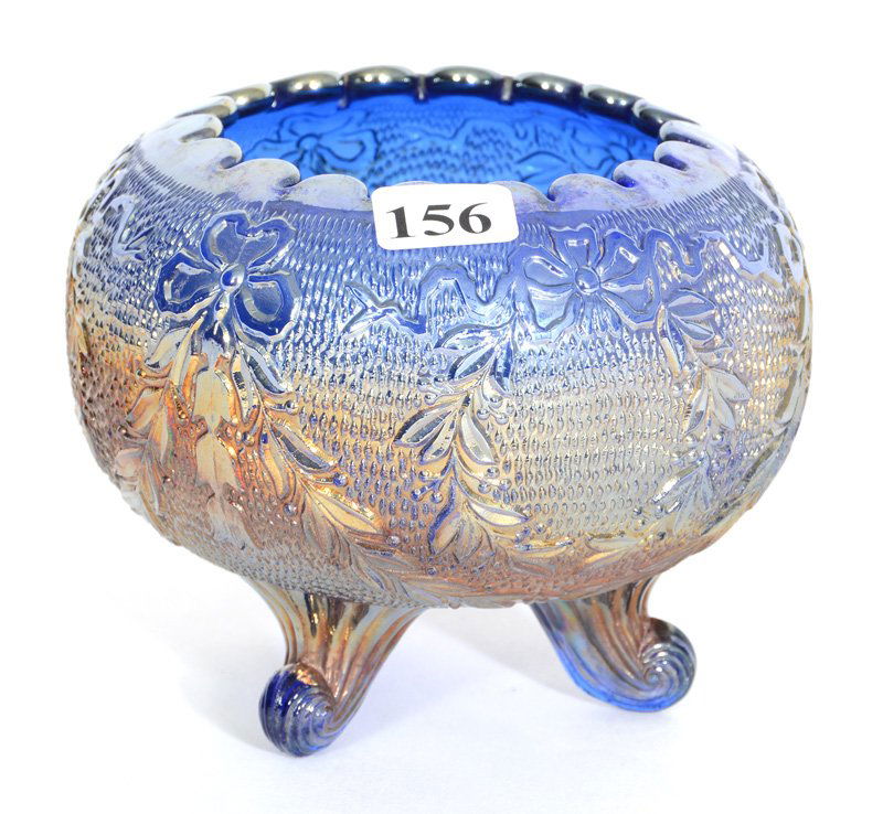 FENTON GARLAND BLUE THREE FOOTED ROSEBOWL (1 of 3)