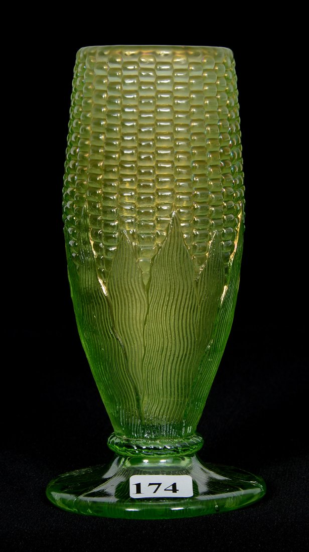NORTHWOOD ICE GREEN CORN VASE: NORTHWOOD ICE GREEN CORN VASE BASE HAS STALKS/LEAVES