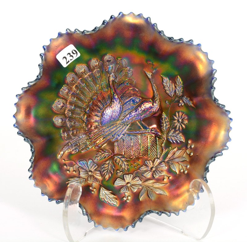 9" NORTHWOOD PEACOCKS ON FENCE BLUE RUFFLED BOWL (1 of 3)