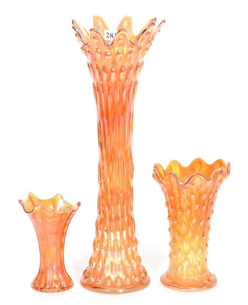(3) MARIGOLD VASES: (3) MARIGOLD VASES (1) 15" FENTON RUSTIC, 4" BASE DIAMETER - (1) 7 1/2" NORTHWOOD TREE TRUNK, 3 1/4" BASE DIAMETER - (1) 5 1/4" IMPERIAL THIN RIB AND DRAPE, 2 3/8" BASE DIAMETER