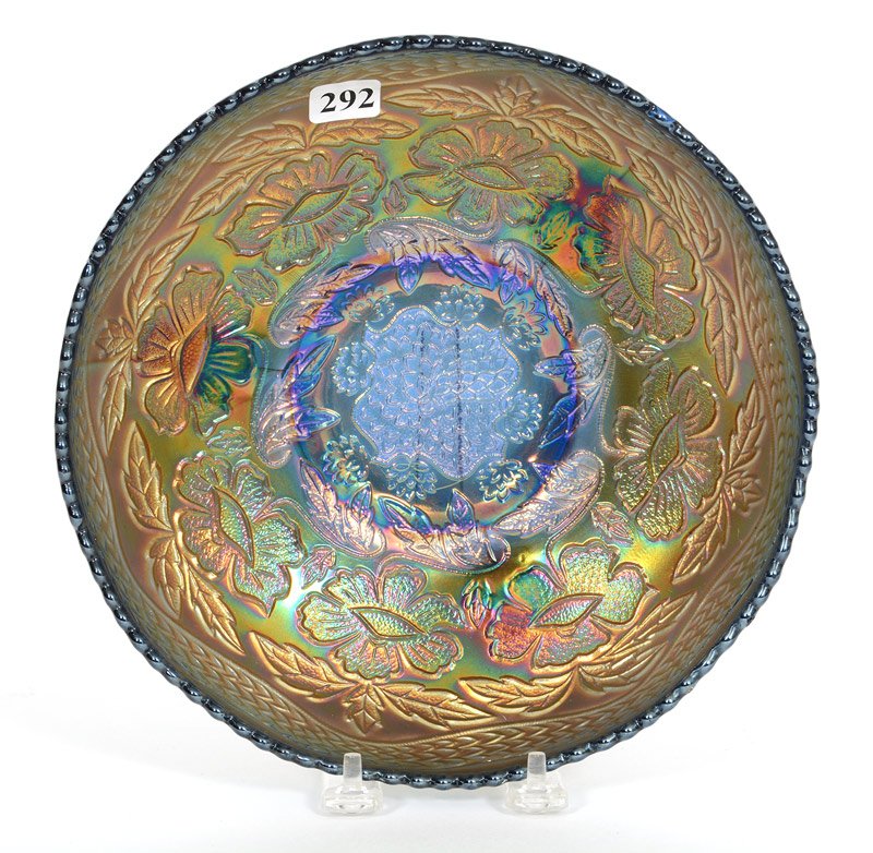 11" FENTON TWO FLOWERS GREEN THREE-FOOTED BOWL (1 of 3)