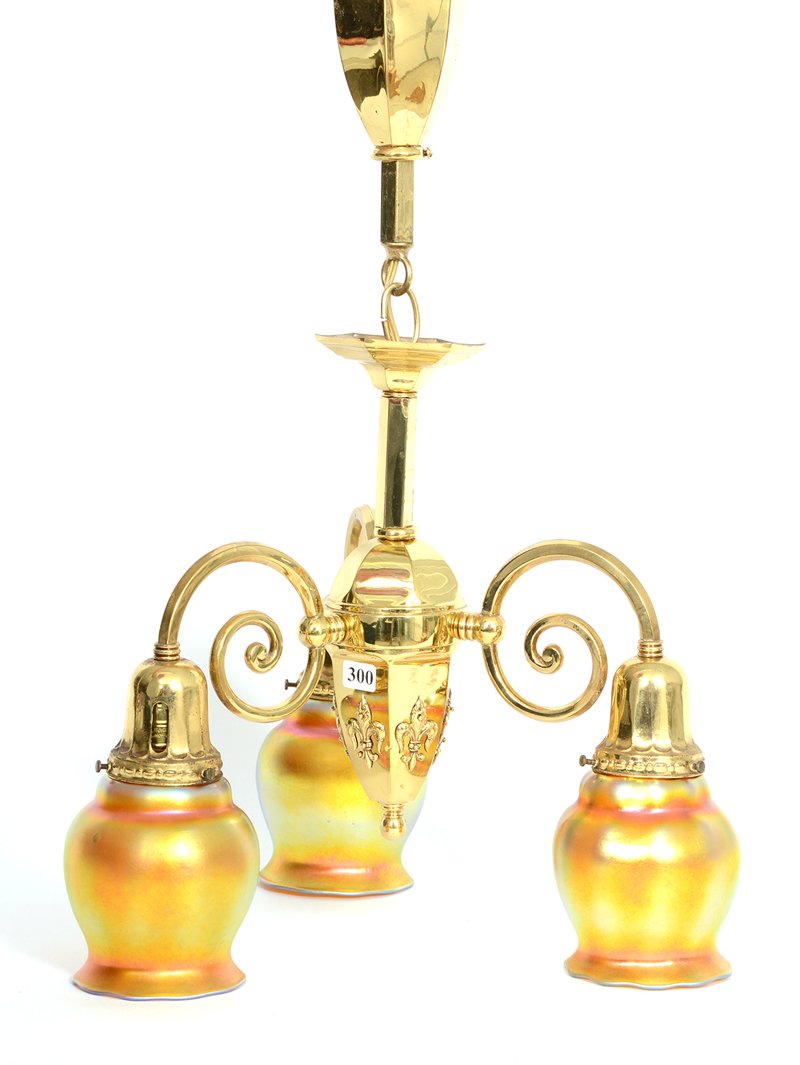 CHANDELIER WITH (3) SIGNED STEUBEN GOLD IRIDESCENT ART (1 of 5)