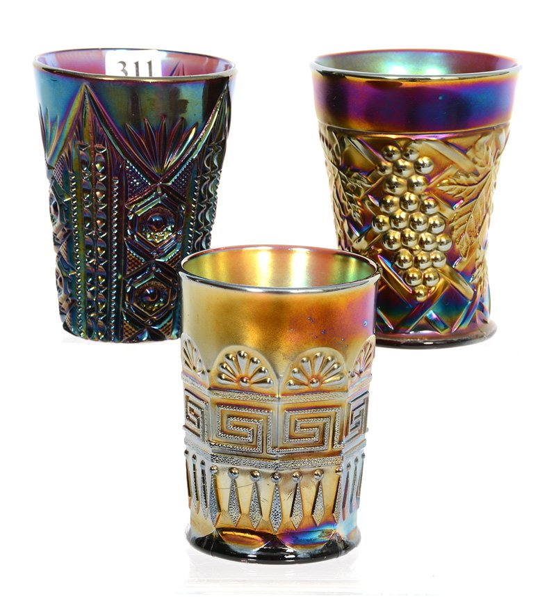 (3) AMETHYST TUMBLERS: (3) AMETHYST TUMBLERS (1) IMPERIAL CHATELAINE - (1) NORTHWOOD GREEK KEY - (1) NORTHWOOD GRAPE ARBOR