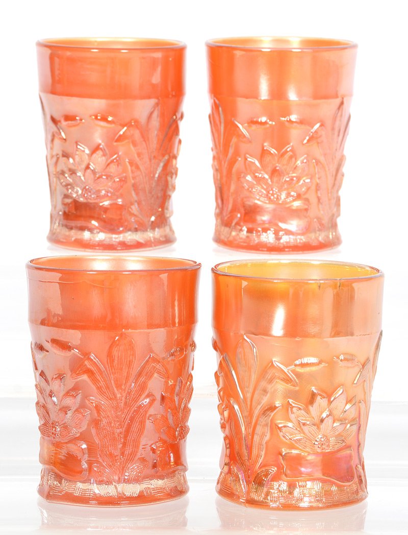 (4) FENTON WATERLILY AND CATTAIL MARIGOLD TUMBLERS: (4) FENTON WATERLILY AND CATTAIL MARIGOLD TUMBLERS
