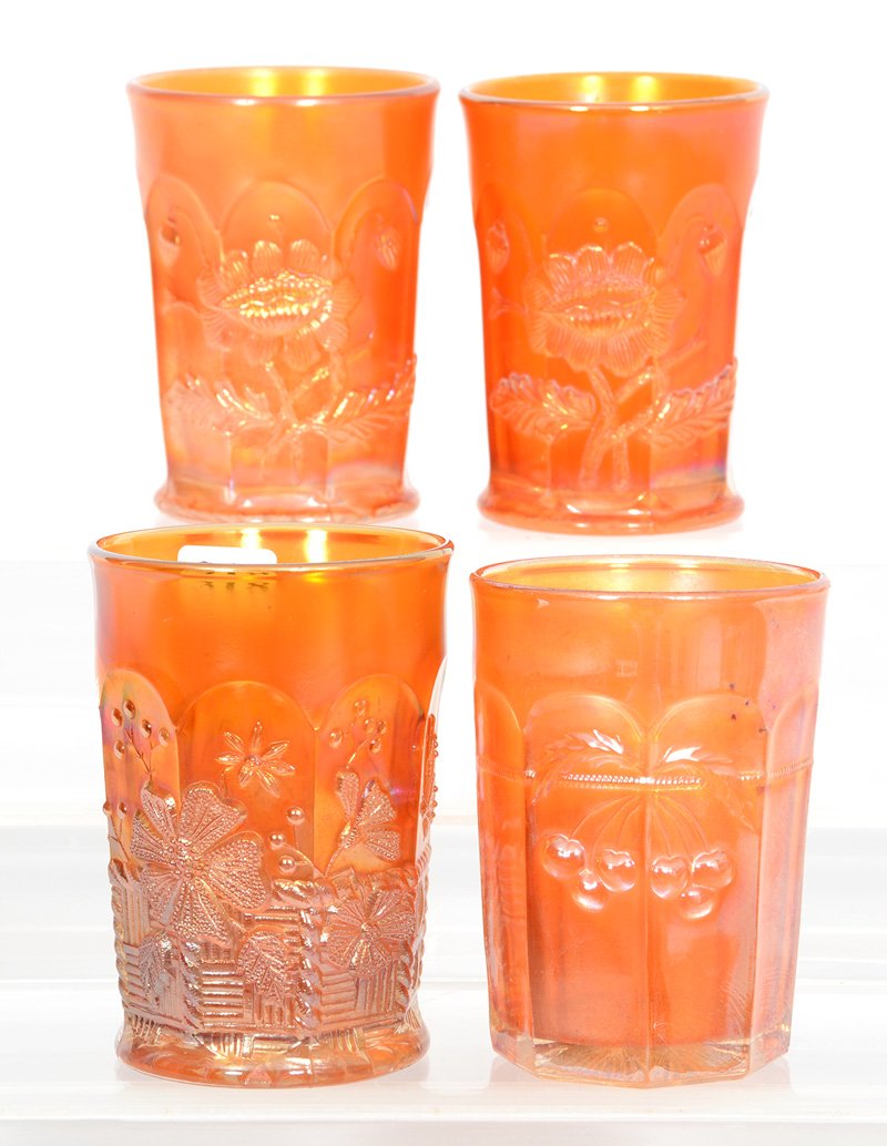 (4) NORTHWOOD MARIGOLD TUMBLERS: (4) NORTHWOOD MARIGOLD TUMBLERS (1) CHERRY AND CABLE - (1) SPRINGTIME - (2) ORIENTAL POPPY