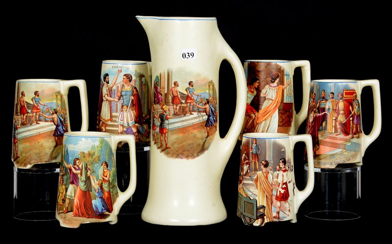 ROSEVILLE ART POTTERY CREAMWARE TANKARD SET (1 of 6)