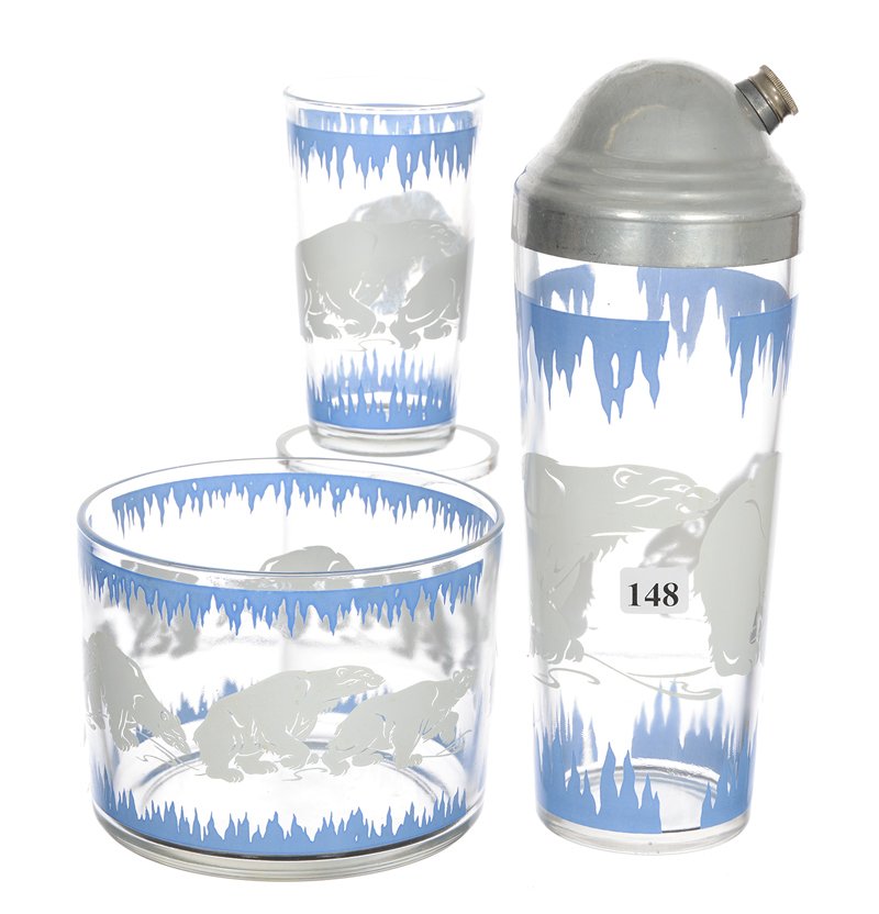THREE PIECE CIRCA 1950'S POLAR BEAR GLASS MARTINI SET (1 of 3)