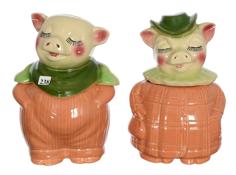 PAIR 11" SHAWNEE ART POTTERY COOKIE JARS WITH BANKS (1 of 3)
