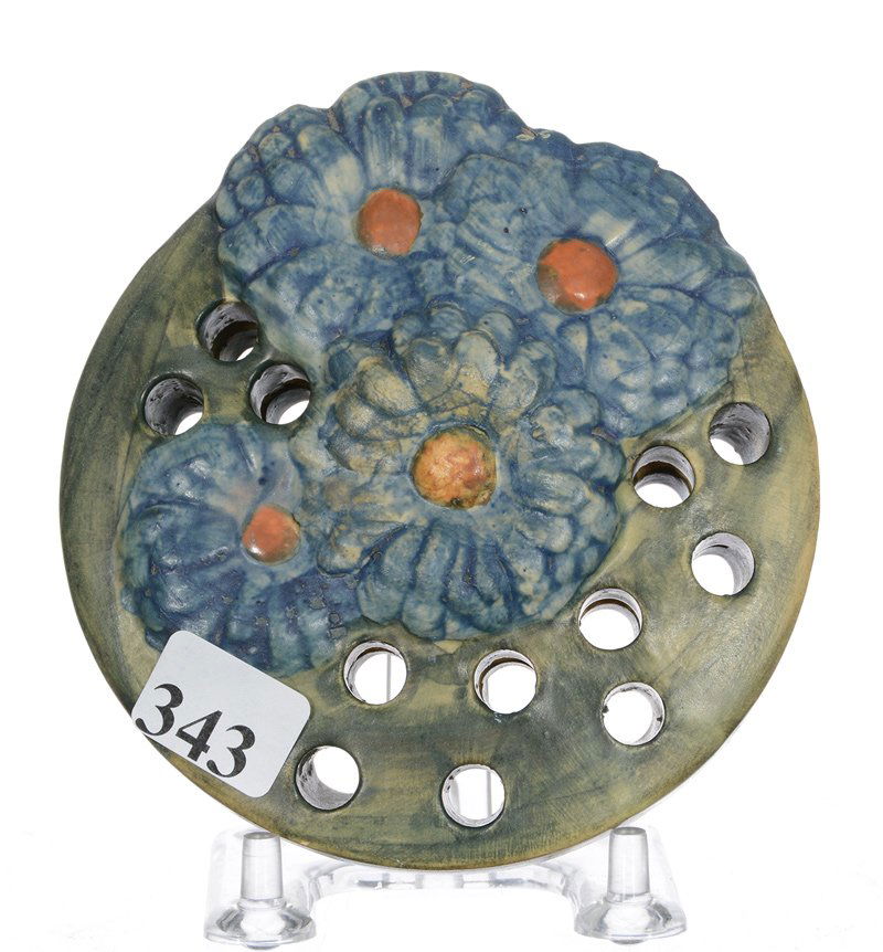 4 1/2" MARKED WELLER FLOWER FROG WITH EMBOSSED FLORAL (1 of 2)