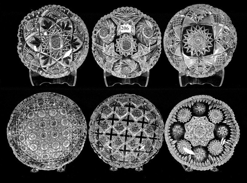 (6) NAPPIES - 6" - ABCG: (6) NAPPIES - 6" - ABCG INCLUDES - LOTUS BY EGGINTON - CORINTHIAN BY LIBBEY - SIGNED FRY PINWHEEL AND HOBSTAR MOTIF - ROLAND PATTERN BY PITKIN & BROOKS (SOME TOOTH CHIPS) - HARVARD PATTERN - BIRD IN C