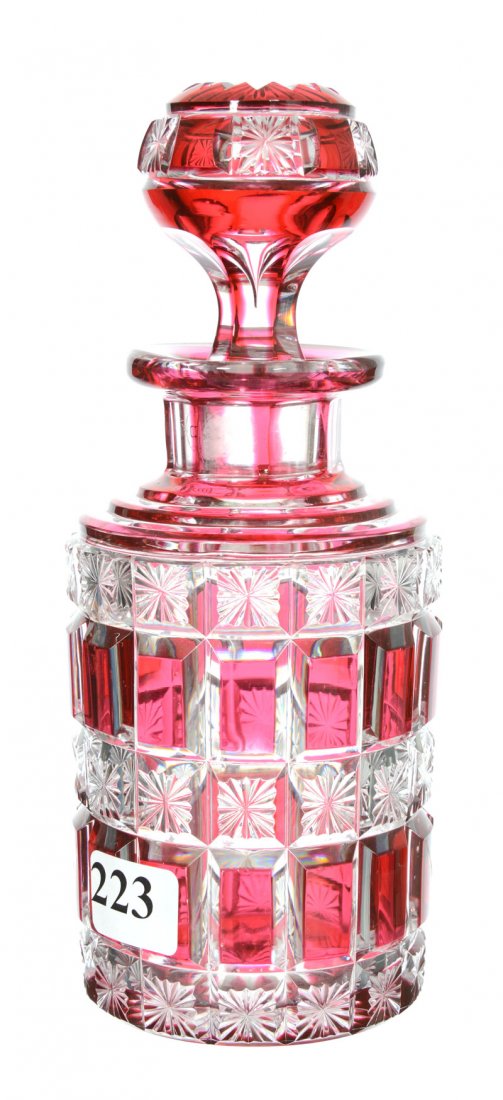 COLOGNE BOTTLE - 6 3/4" - ABCG - CRANBERRY CUT TO CLEAR (1 of 3)