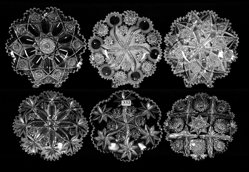 (6) PLATES - 7" - ABCG: (6) PLATES - 7" - ABCG A. SIGNED LIBBEY NEOLA PATTERN (TOOTH CHIPS) - B. HOBSTAR, CANE AND SHOOTING STAR MOTIF - C. CANE, BAR, HOBSTAR AND PALM LEAF MOTIF - D. HOBSTAR, ZIPPER, STAR AND FAN MOTIF - E.