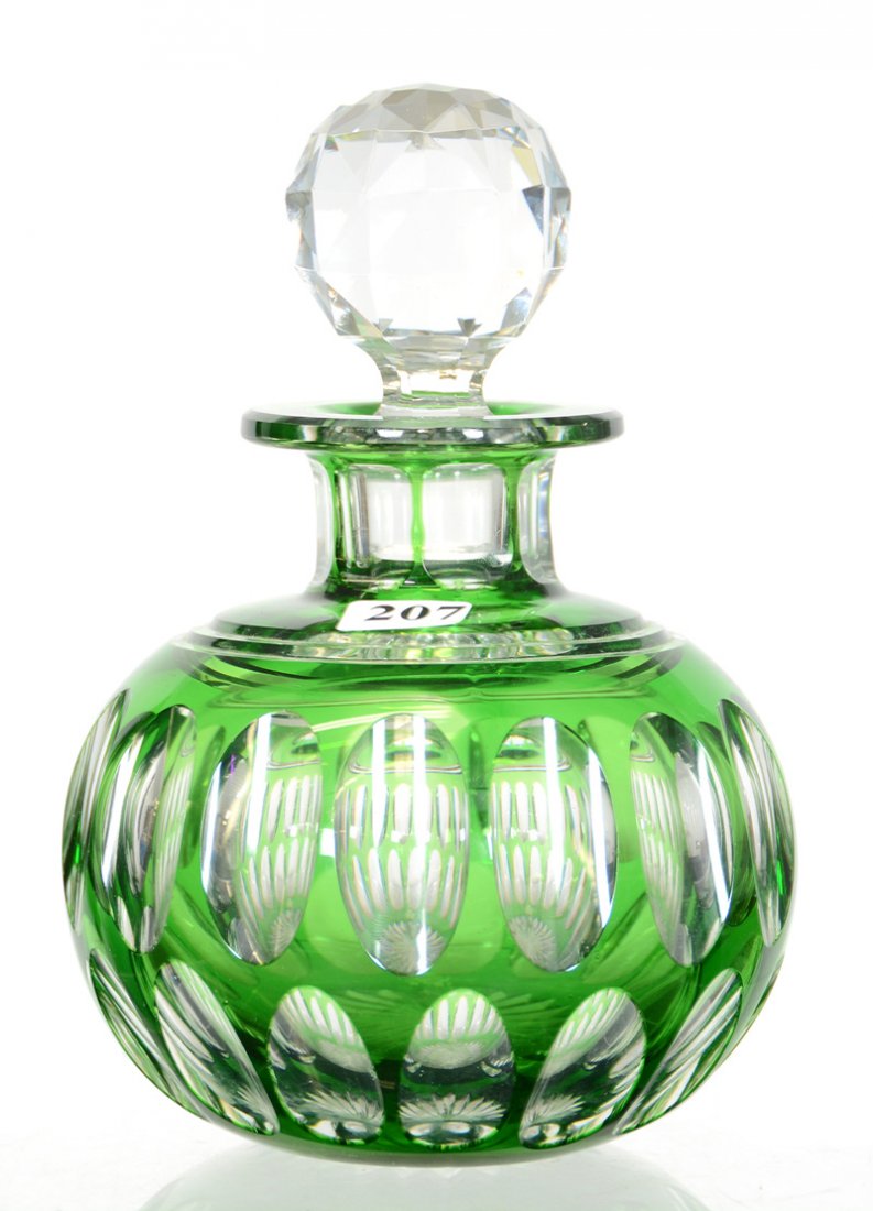 COLOGNE BOTTLE - 7 1/2" X 5" - ABCG - EMERALD GREEN CUT (1 of 2)