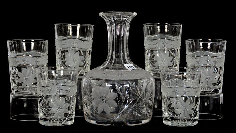 WATER CARAFE & (6) MATCHING 4" TUMBLERS - 8" CARAFE - (1 of 2)