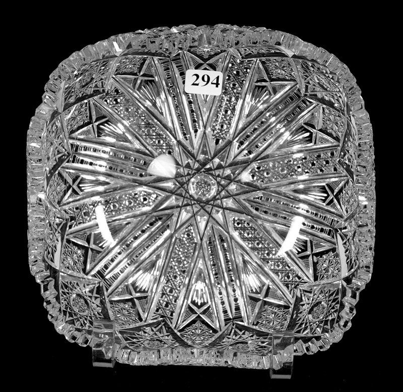 SQUARE BOWL - 2 3/4" X 8" - ABCG: SQUARE BOWL - 2 3/4" X 8" - ABCG HOBSTAR CHAIN WITH CANE, PRISM AND FAN HIGHLIGHTS