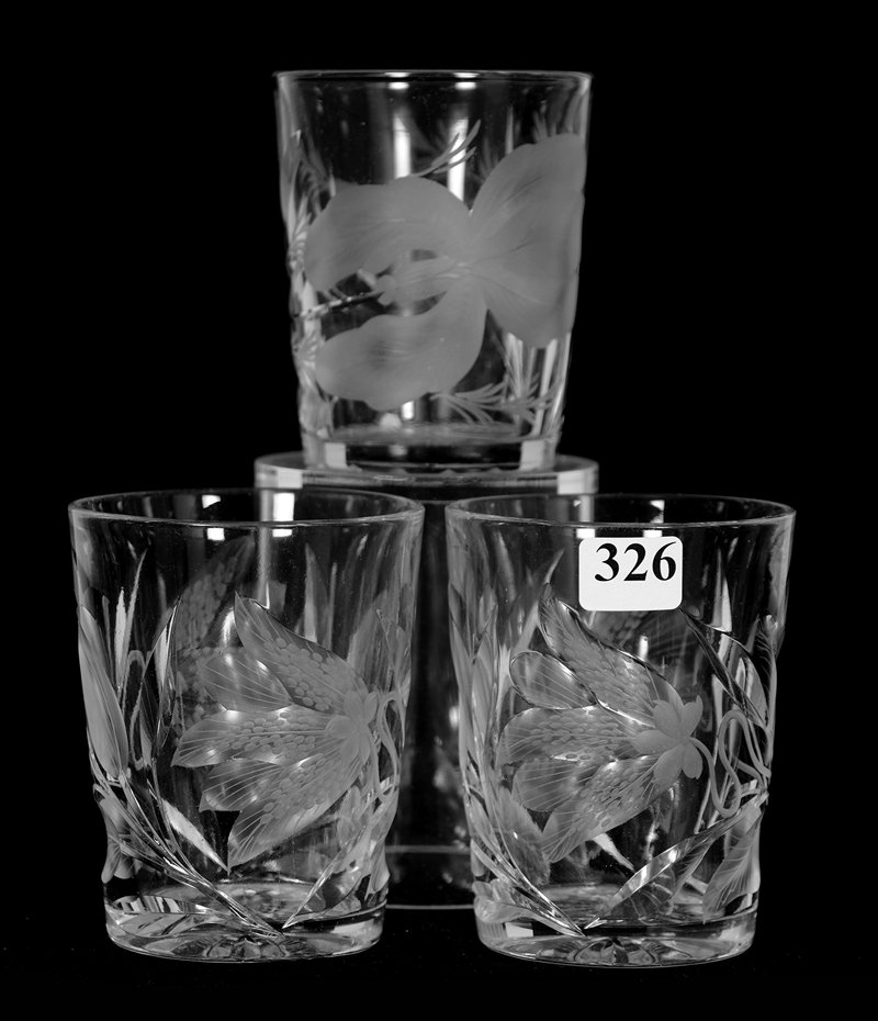 (3) ENGRAVED TUMBLERS - ABCG: (3) ENGRAVED TUMBLERS - ABCG PAIR 3 7/8" TIGER LILY PATTERN ATTRIBUTED TO HAWKES - (1) 3 5/8" GRAVIC IRIS PATTERN BY HAWKES