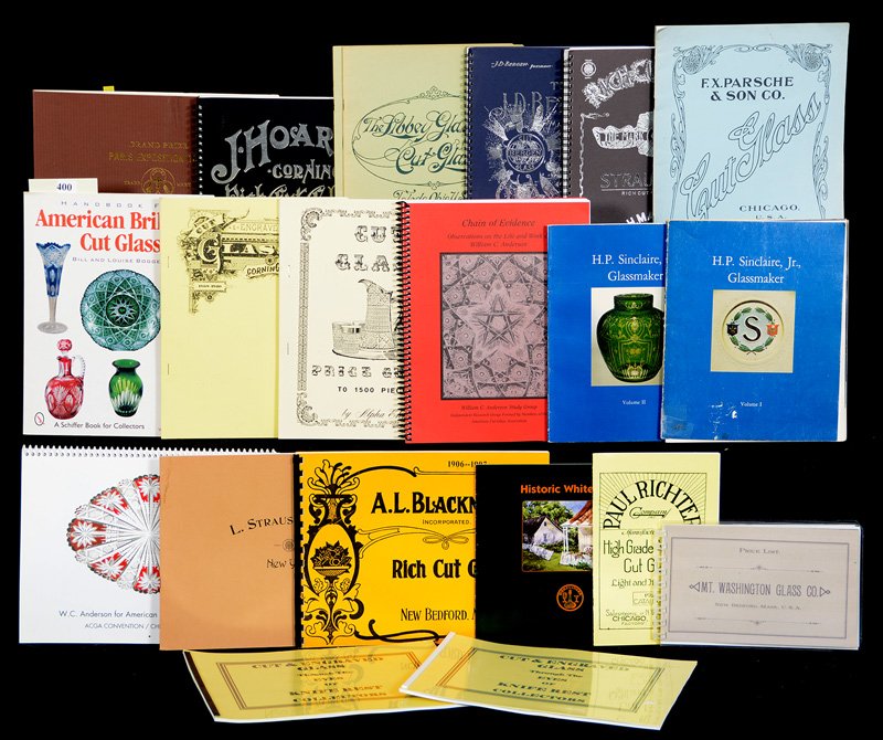 (18) BOOKS AND CATALOG REPRINTS: (18) BOOKS AND CATALOG REPRINTS HANDBOOK FOR AMERICAN BRILLIANT CUT GLASS BY BOGGESS - PRICE LIST MT. WASHINGTON GLASS - LIBBEY GLASS COMPANY - CORNING CUT & ENGRAVED GLASS - CUT GLASS PRICE GUIDE BY 