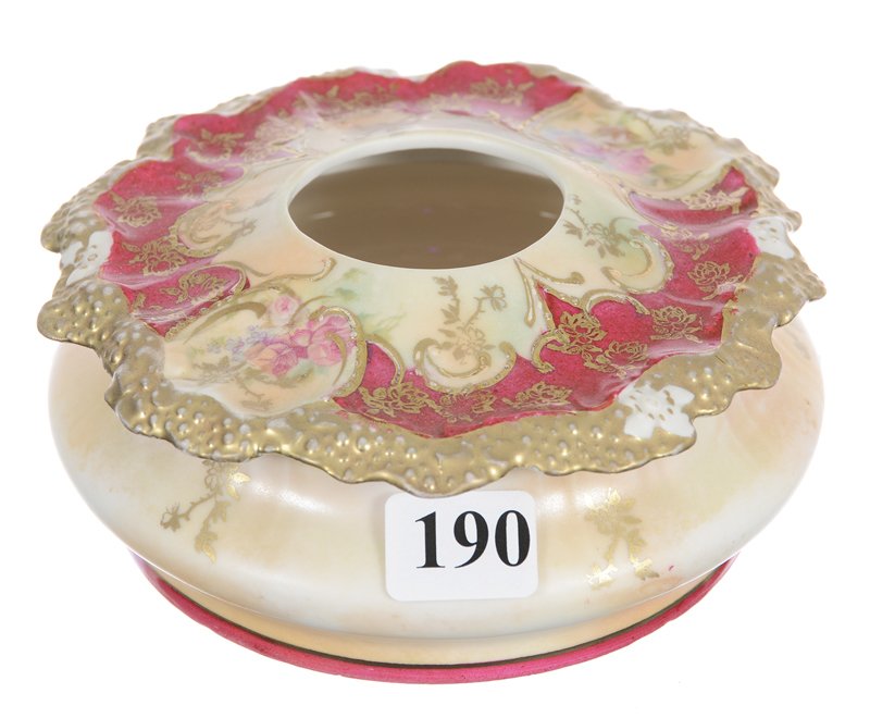 5" UNMARKED R.S.PRUSSIA STIPPLED MOLD COVERED HAIR: 5" UNMARKED R.S.PRUSSIA STIPPLED MOLD COVERED HAIR RECEIVER CREAM TONES WITH RED BORDER AND GOLD TRIM HIGHLIGHTS - MINOR BASE RIM NICK