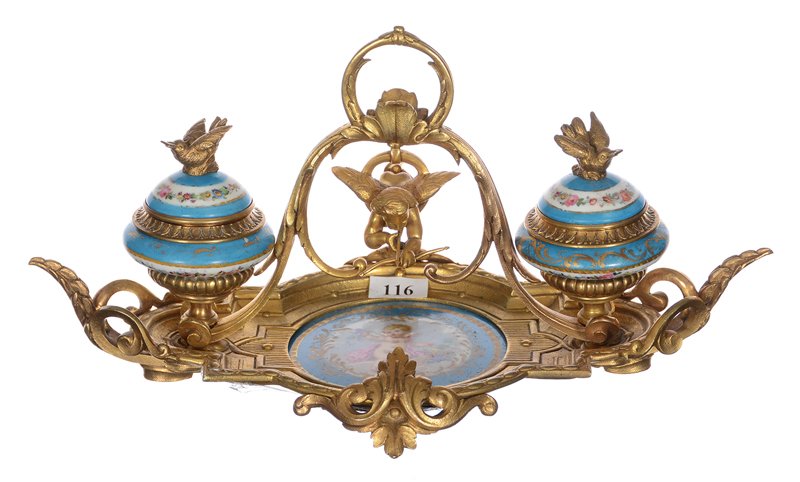 6" X 12" SEVRES DOUBLE INKWELL SET (1 of 5)