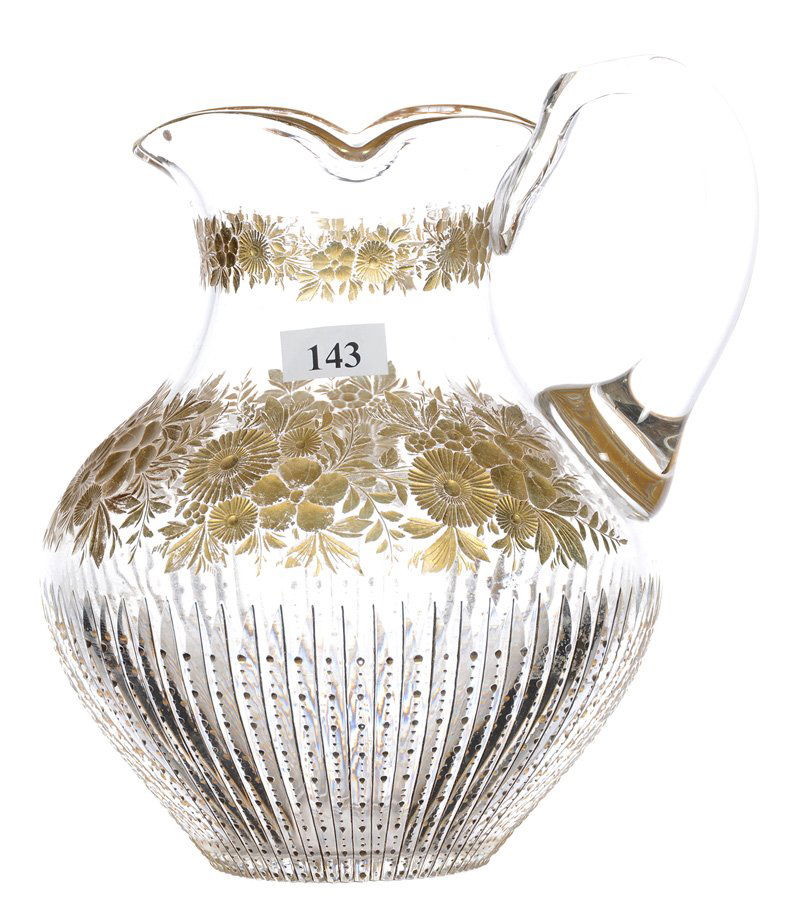 8" CUT GLASS PRISM MOTIF WATER PITCHER WITH ENGRAVED (1 of 3)