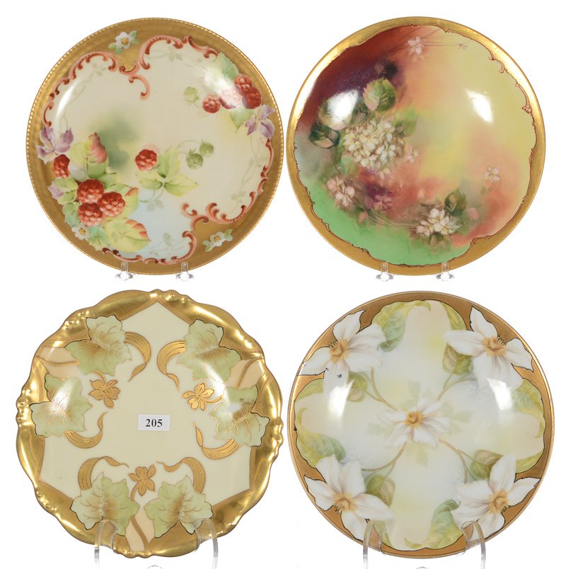 (4) 8 1/2" PLATES: (4) 8 1/2" PLATES (1) LIMOGES, CREAM WITH GREEN LEAVES AND GOLD TRIM - (1) PICKARD, RASPBERRY DECOR - (1) PICKARD, SMALL WHITE BLOSSOM, RUST AND GREEN BACKGROUND - (1) R.S.GERMANY, LARGE WHITE BLOSSOM