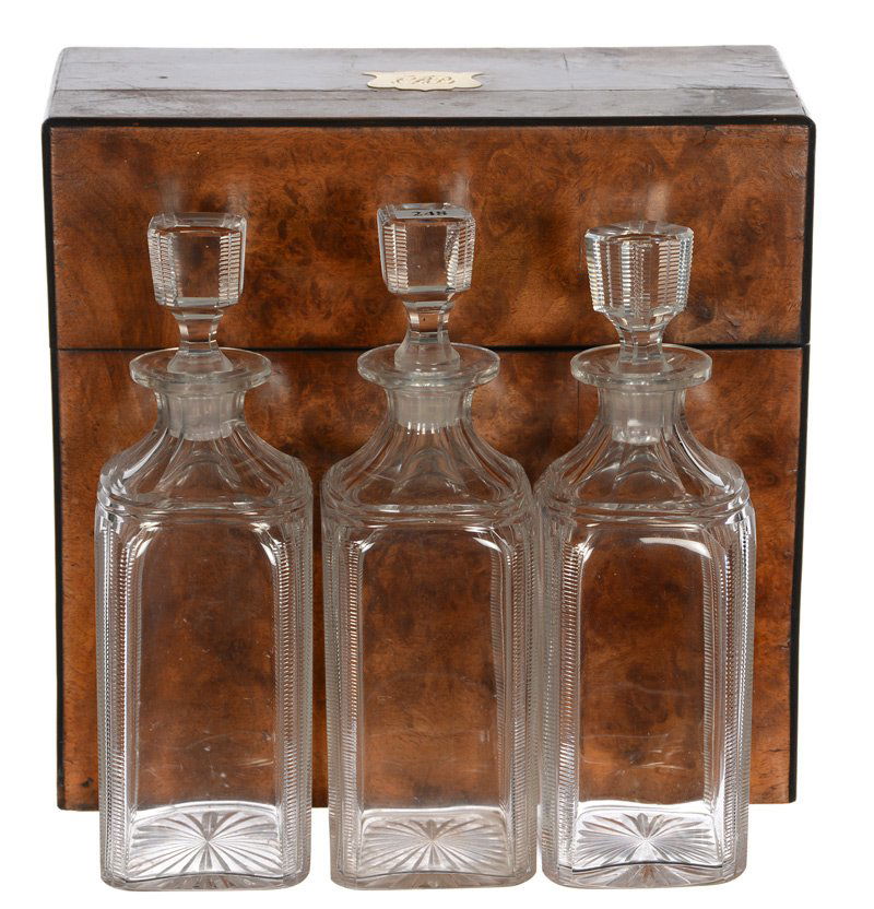 THREE BOTTLE TANTALUS SET IN ORIGINAL VELVET LINED (1 of 5)