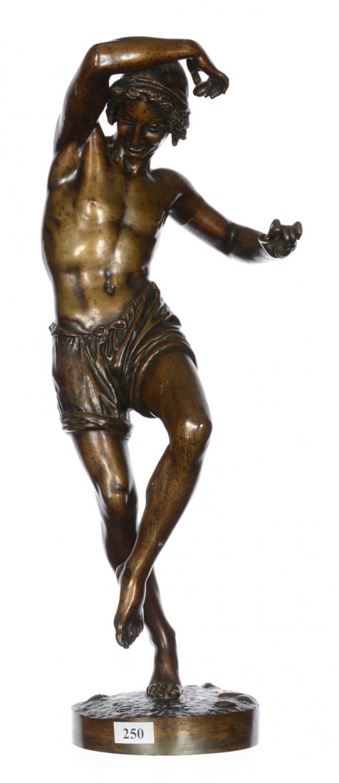 17" FRENCH BRONZE FIGURE AFTER FRANCISQUE JOSEPH DURET: 17" FRENCH BRONZE FIGURE AFTER FRANCISQUE JOSEPH DURET INCISED "DE LA FONTAINE" FOUNDRY MARK - NEAPOLITAN DANCER WITH CASTANETS