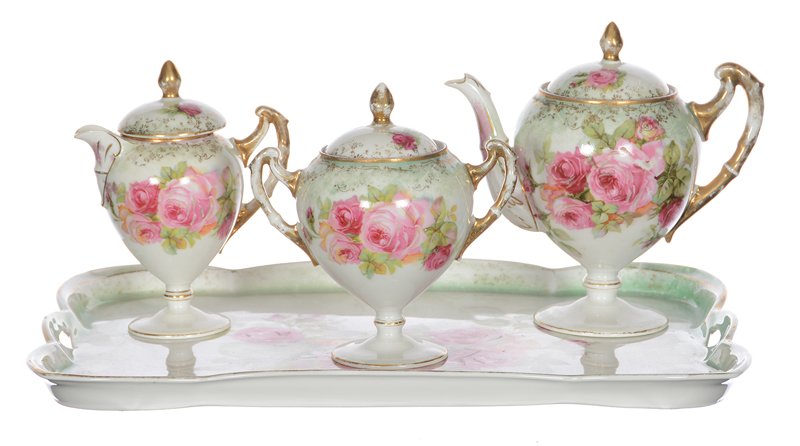 FOUR PIECE MARKED CROWN PRUSSIA PEDESTAL TEA SERVICE (1 of 3)