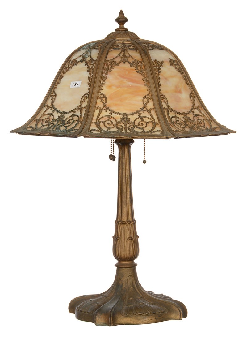 23" X 18" EIGHT-SIDED BELL SHAPED SLAG GLASS TABLE LAMP (1 of 2)