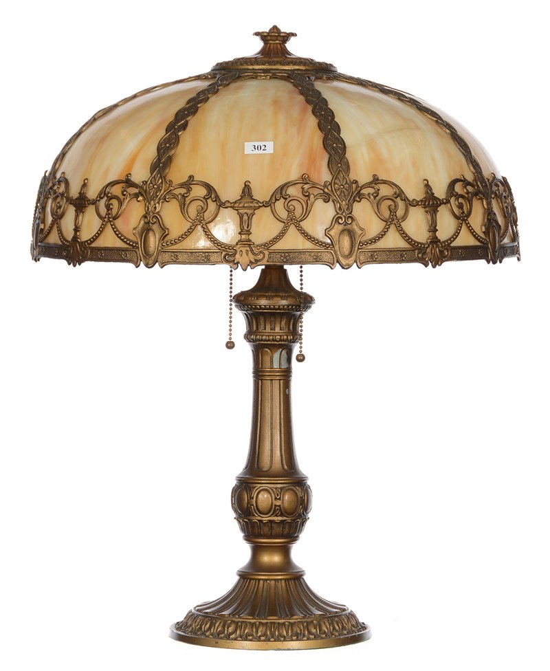 22" X 18" BENT PANEL SLAG GLASS LAMP (1 of 3)