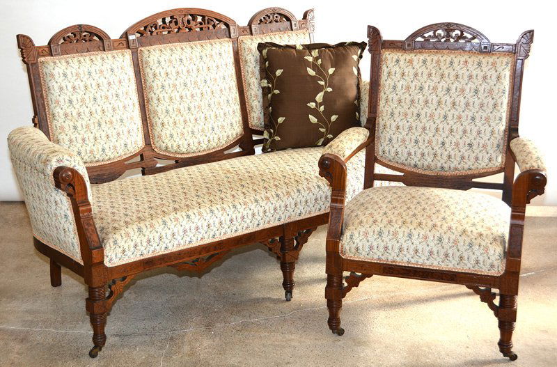 BURL WALNUT SOFA AND SIDE CHAIR (1 of 2)