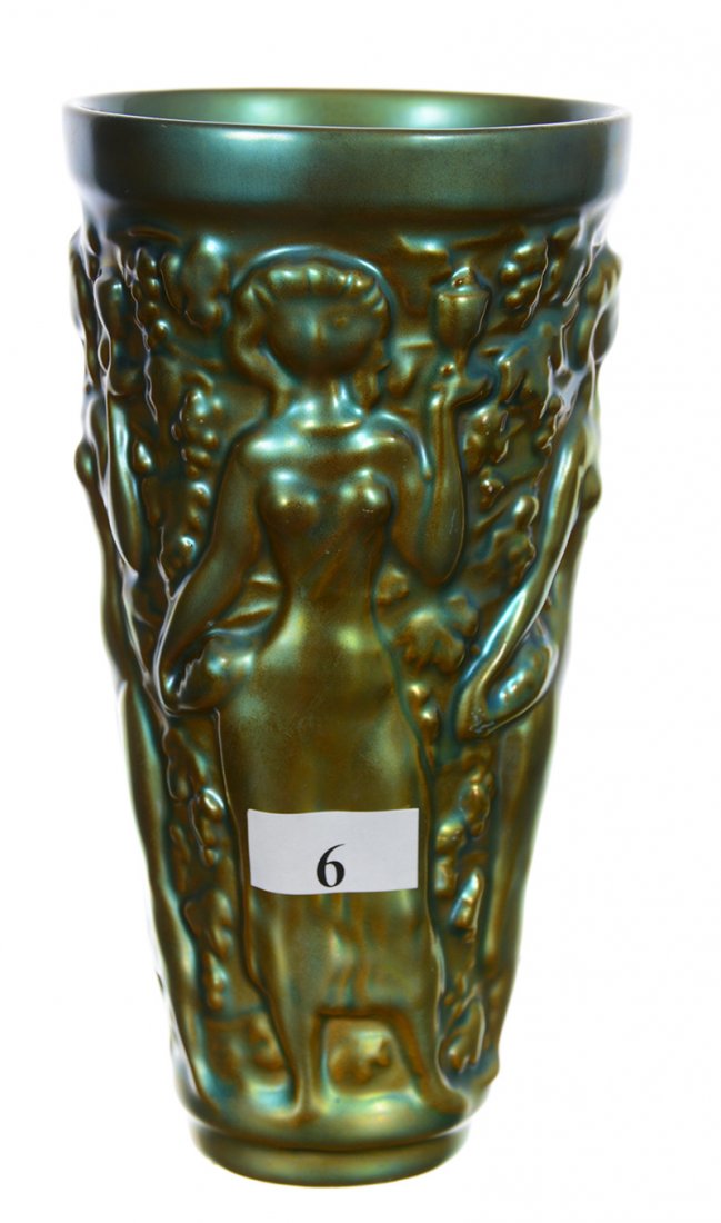 6 3/8" Marked Zsolnay Iridescent Art Pottery Tall Glass: 6 3/8" Marked Zsolnay Iridescent Art Pottery Tall Glass - Embossed Design Features Figures Of Four Women