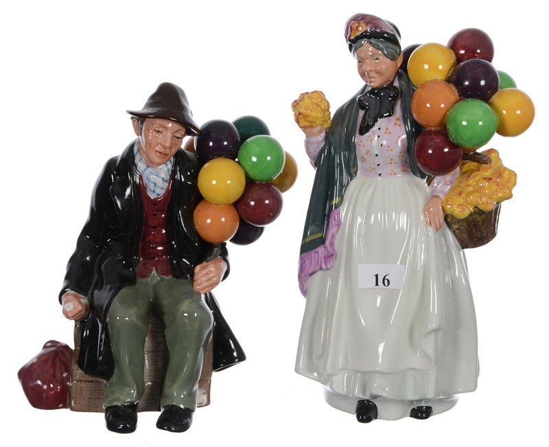 (2) Royal Doulton Figurines - (1) 8 1/2" Biddy Penny: (2) Royal Doulton Figurines - (1) 8 1/2" Biddy Penny farthing HN#1843; (1) 7" The Balloon Man HN#1954