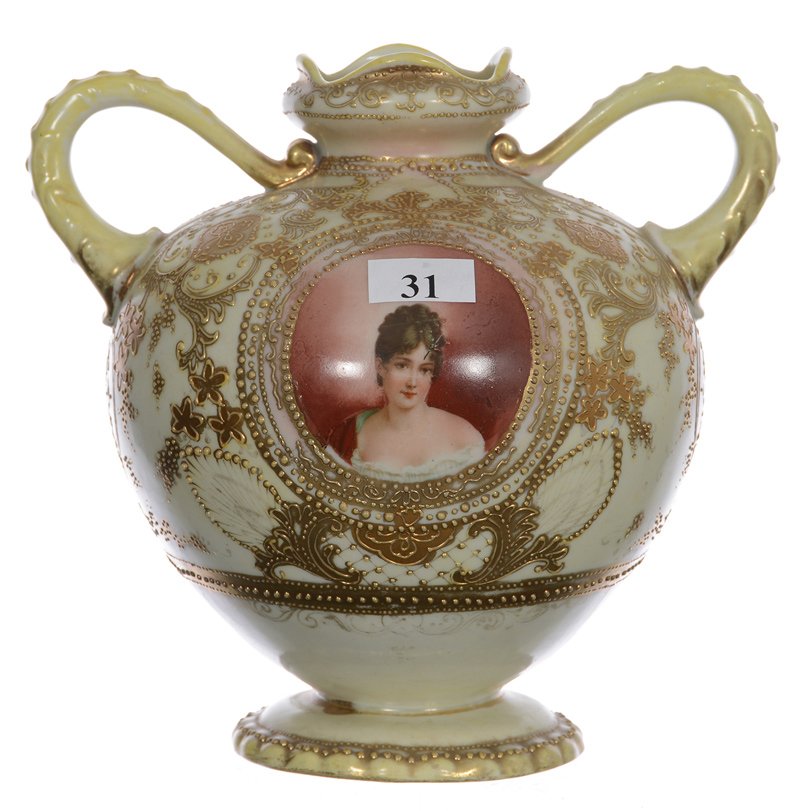 7" Marked Nippon Two-Handled Vase - Cream And Yellow: 7" Marked Nippon Two-Handled Vase - Cream And Yellow Tones With Medallion Portrait Of Recamier - Gold Highlights