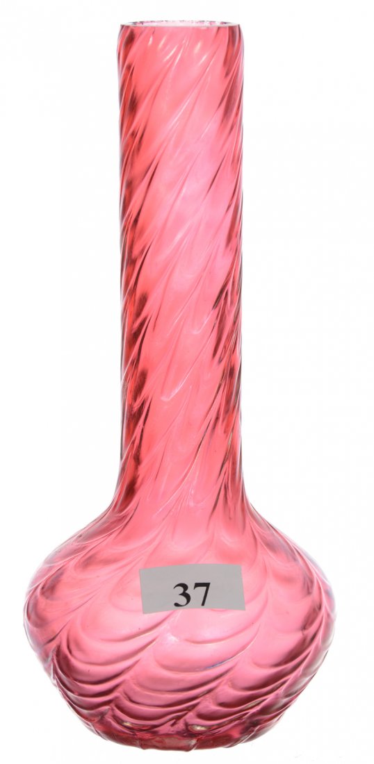 7" Bohemian Art Nouveau Loetz Style Art Glass Vase -: 7" Bohemian Art Nouveau Loetz Style Art Glass Vase - Iridescent Cranberry With Swirled Webbing Design