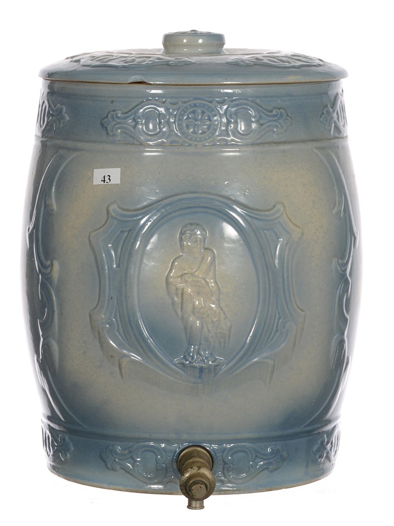 15" Blue And White Stoneware Keg Shaped Water Cooler: 15" Blue And White Stoneware Keg Shaped Water Cooler With Lid - Embossed Cherub Medallion - Chip On Lid