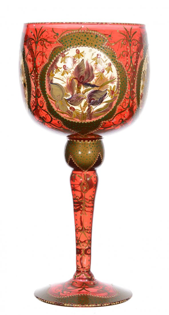 12 1/2" Cranberry Art Glass Chalice - Handpainted: 12 1/2" Cranberry Art Glass Chalice - Handpainted Enamel Floral Decor