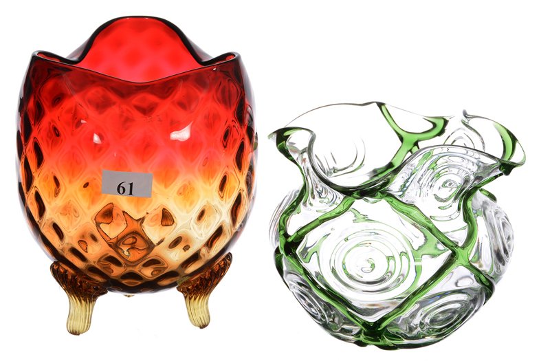 (2) Art Glass Items - (1) 6" Amberina Diamond Quilted: (2) Art Glass Items - (1) 6" Amberina Diamond Quilted Three-Footed Vase (Surface Ding) - (1) 4 1/2" X 5" Clear Loetz Style Vase With Green Lattice Overlay (Hard To See Stress Fracture On Body)