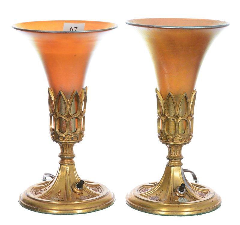 Pair 8 1/4" Torchiere Art Glass Desk Lamps - Unmarked: Pair 8 1/4" Torchiere Art Glass Desk Lamps - Unmarked Gold Iridescent Trumpet Shaped Shades Attributed To Steuben - Set In Cast Gilt Metal Bases With Colored Floral Highlights - Electrified