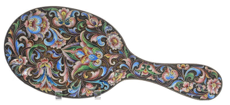 9" Russian Silver And Enamel Hand Mirror - Elaborate: 9" Russian Silver And Enamel Hand Mirror - Elaborate Floral Design - Beveled Inset Mirror - Cyrillic "MG" Maker's Mark - "84" Silver Content Mark