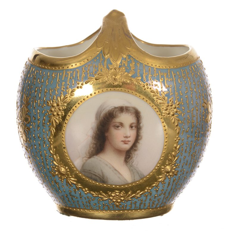 3 1/2" X 3" Marked Beehive, Oval Basket Shaped Hand: 3 1/2" X 3" Marked Beehive, Oval Basket Shaped Hand Painted Vase - Light Blue Lustre Background W/ Medallion Portrait Of Biblical "Ruth" - No Artist Signature Visible - Outstanding Gold Highlights - E