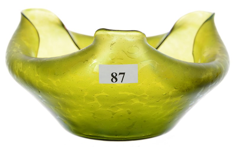 3 1/2" X 6 3/4" Signed Loetz Austria Green Iridescent: 3 1/2" X 6 3/4" Signed Loetz Austria Green Iridescent Pinched Lip Bowl