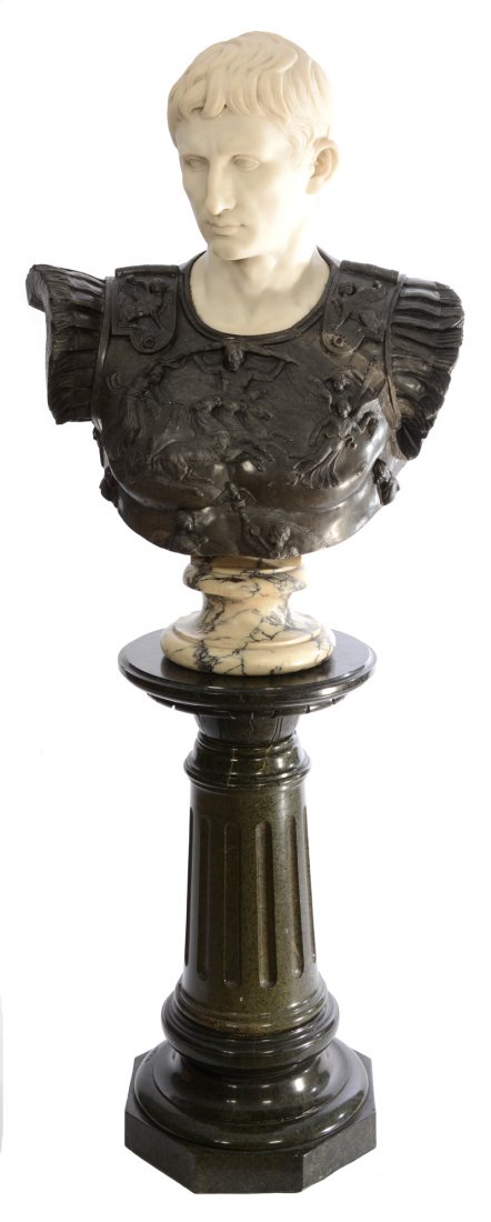 34" X 24" Italian Marble Bust Of Young Caesar In Suit: 34" X 24" Italian Marble Bust Of Young Caesar In Suit Of Armor - Fine Facial Detail - Gray Armor Has Mythological Scenes - On A White And Gray Veined Marble Standard - Estimated Weight Of 400 Pounds -
