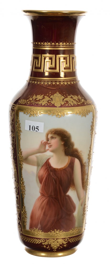 12 1/4" Marked Beehive Handpainted Porcelain Vase -: 12 1/4" Marked Beehive Handpainted Porcelain Vase - Iridescent Maroon Background With Scenic Panel Titled "Echo" Showing Young Woman Calling Out - Fabulous Gold Highlights - Artist Signed "Schmidt" - 